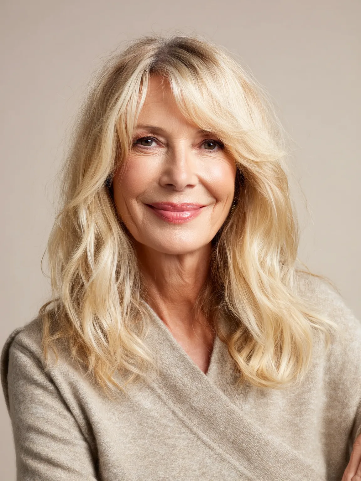 Medium Length Layers with Curtain Bangs in Sandy Blonde